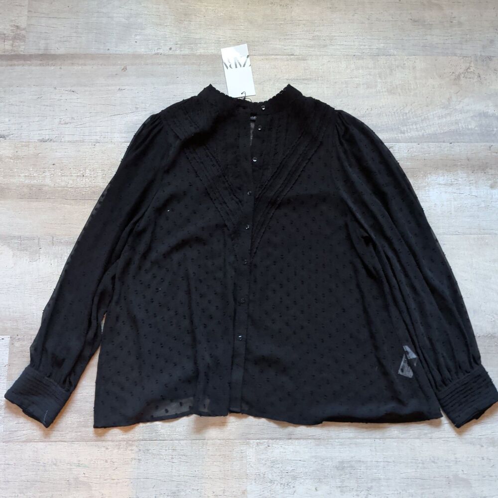 NWT Zara Black Semi Sheer Swiss Dot Long Sleeve Blouse Top Size Medium M